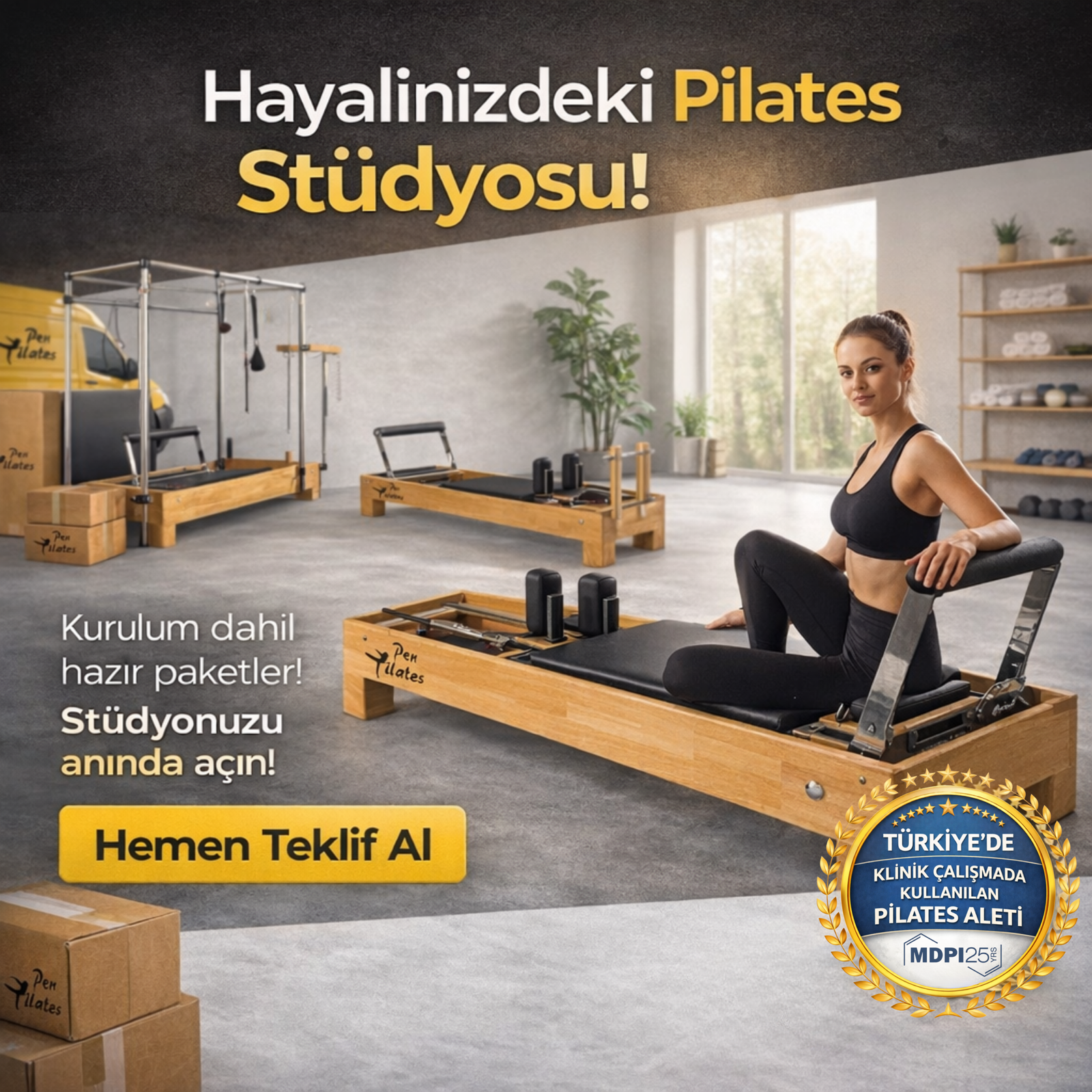 Pen Pilates reformer ile donatılmış modern pilates stüdyosu